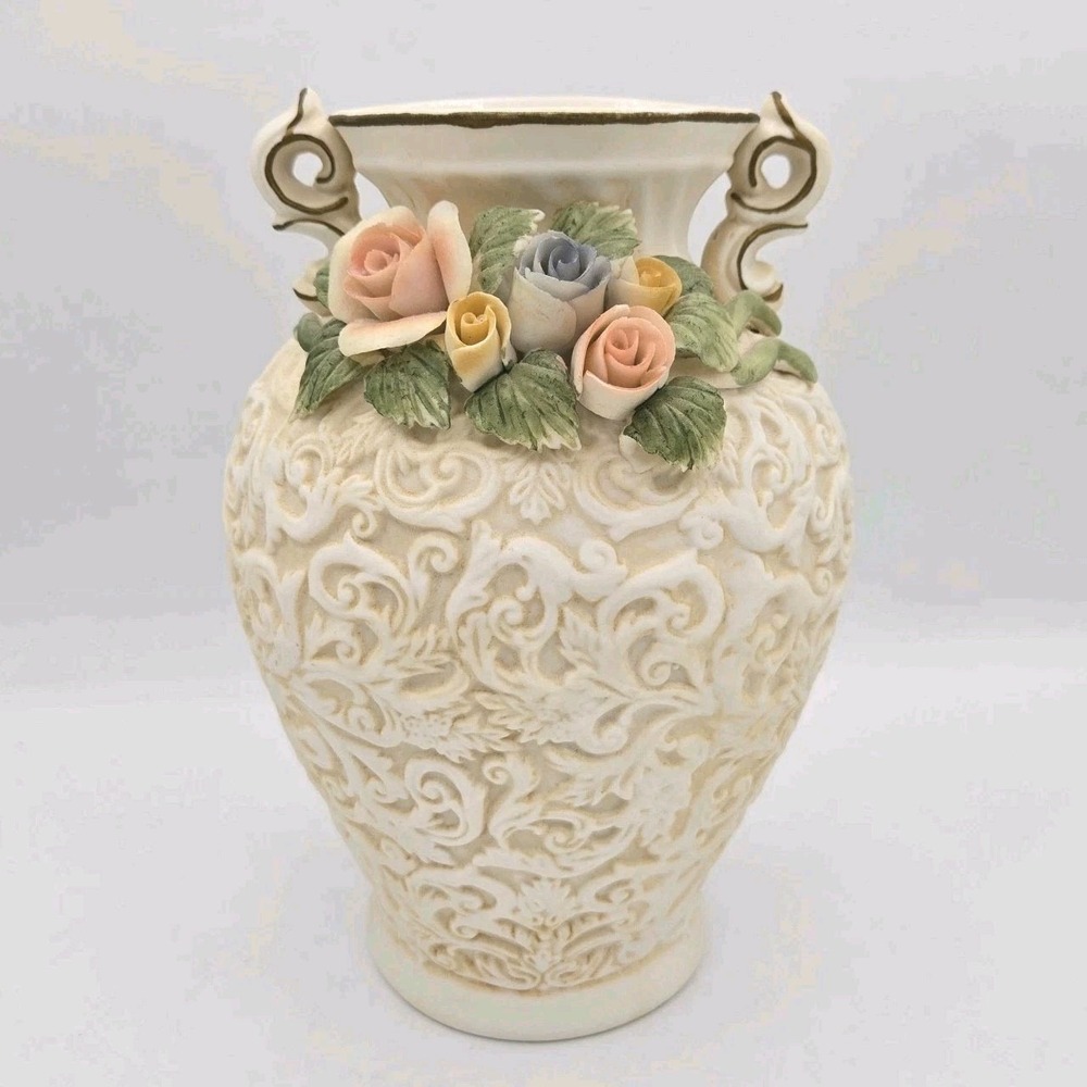 Capodimonte Vintage Textured Vase With Floral  Rose Design Handles 8"‎ Tall